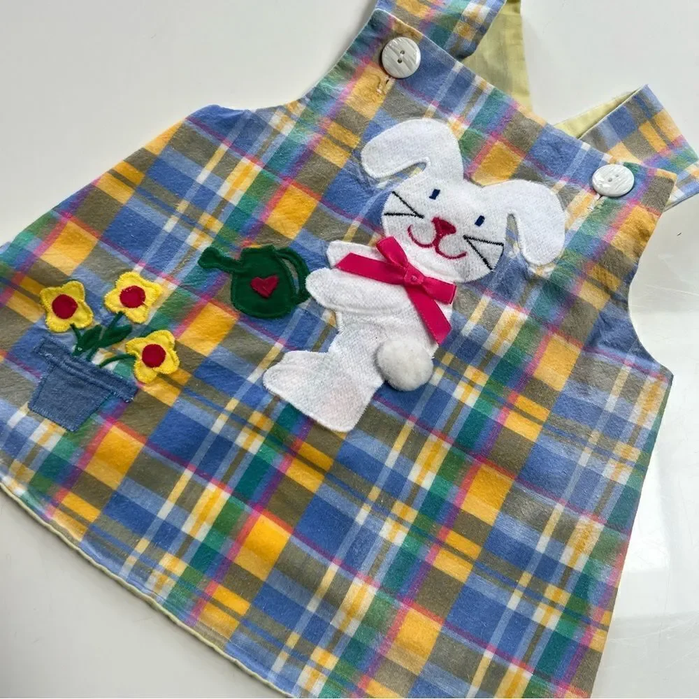 Vintage 1986 Bunny Embroidered Pastel Plaid Pinafore Overalls Cotton Apron Dress